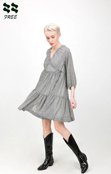 Bracelet Sleeve Check Printed Tiered Wrap Dress Supplier