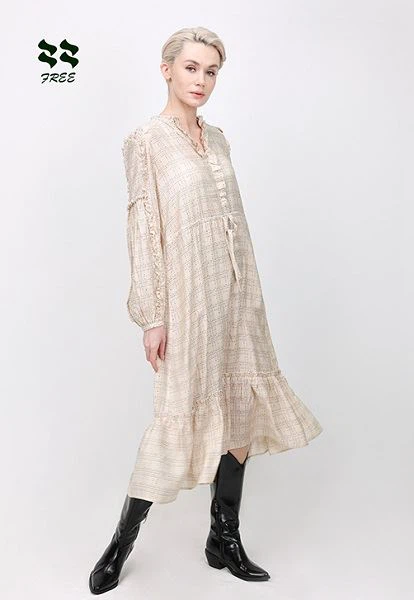 Скуйовджений чек принт Довгий рукав Постачальника сукні Міді